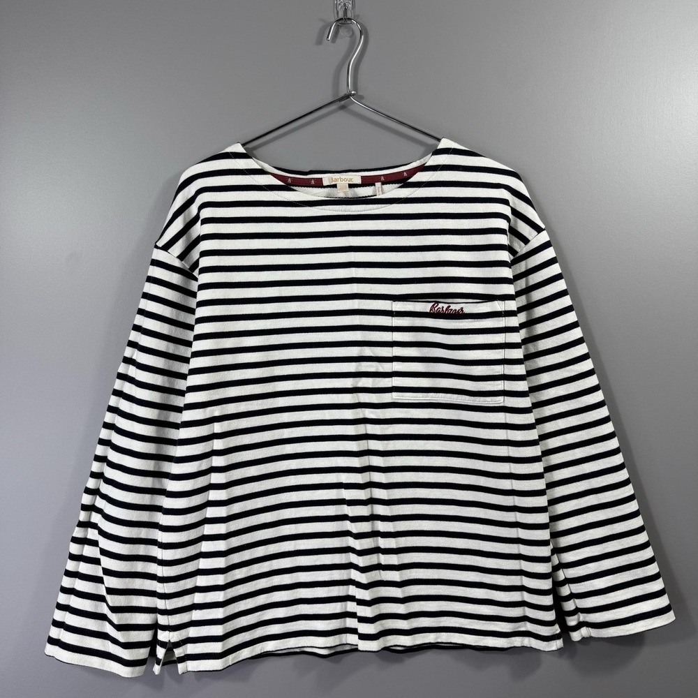 Barbour Shirt Womens Large Blue White Striped Long Sleeve Boat Neck Pocket